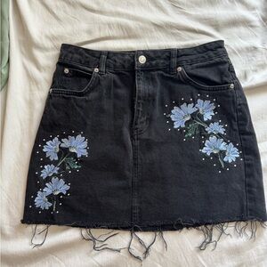 Embroidered Black Denim Skirt